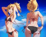  1girl :d adjusting_clothes adjusting_swimsuit armpits arms_behind_head arms_up ass back bare_shoulders bikini black_bikini blonde_hair blue_sky braid breasts commentary_request day fangs fate/apocrypha fate_(series) french_braid from_behind front-tie_bikini_top front-tie_top green_eyes hair_ornament hair_scrunchie halterneck highres long_hair mordred_(fate) mordred_(fate/apocrypha) multiple_views navel open_mouth photoshop_(medium) ponytail red_scrunchie scrunchie side-tie_bikini_bottom sidelocks sky small_breasts smile stomach string_bikini swimsuit tank_top tonee variant_set 