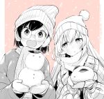  2girls artist_name breath chiyo_kozuka coat dated glasses gloves hat holding ichido_dake_demo_koukai_shitemasu miyahara_miyako multiple_girls partially_colored ritsuka_hara scarf snowing snowman 