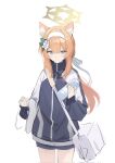  1girl animal_ear_fluff animal_ears blue_archive blue_eyes blue_jacket blue_shorts bottle closed_mouth cowboy_shot flower fox_ears hair_between_eyes hair_flower hair_ornament hairband halo highres holding holding_bottle holding_towel jacket joshua_(shisanli934) long_hair long_sleeves looking_down mari_(blue_archive) mari_(track)_(blue_archive) official_alternate_costume orange_hair shorts sidelocks simple_background smile solo standing towel track_jacket water_bottle white_background white_bag white_flower white_hairband yellow_halo 