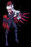  1girl absurdres black_giraffe black_necktie boots collared_shirt demon_girl demon_horns demon_tail formal gloves helltaker highres horns long_hair long_sleeves lucifer_(helltaker) necktie pants red_shirt shirt sidelocks smile solo standing suit tail teeth very_long_hair white_gloves wings 