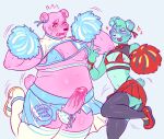  2023 achuchones_(unicorn_wars) anthro bear blush bulge butt cheerleader_outfit clothed clothing crossdressing dongoverlord duo erection genitals gordi_(unicorn_wars) green_body male mammal moobs nipples overweight overweight_male penis pink_body simple_background unicorn_wars 
