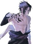  1boy attackumak black_hair clenched_hand detached_sleeves english_commentary highres looking_to_the_side male_focus naruto_(series) naruto_shippuuden red_eyes simple_background sketch solo spiked_hair toned toned_male topless_male uchiha_sasuke white_background 