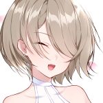  1girl :d absurdres bare_shoulders brown_hair chinese_commentary close-up closed_eyes commentary_request earrings guaili_shu hair_over_one_eye highres honkai_(series) honkai_impact_3rd jewelry open_mouth portrait rita_rossweisse short_hair simple_background smile solo teeth white_background 