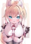  1girl absurdres animal_ear_fluff animal_ears ass_visible_through_thighs black_gloves black_thighhighs blonde_hair blue_eyes bow breasts commentary_request cowboy_shot detached_sleeves dress_shirt fang fox_ears fox_girl fox_tail fur-trimmed_legwear fur_trim gloves hair_between_eyes hair_ornament highres konagi_(konotuki) large_breasts leaning_forward looking_at_viewer medium_hair microskirt open_hand original paw_print_palms pleated_skirt pom_pom_(clothes) red_bow shirt skin_fang skirt sleeveless sleeveless_shirt solo tail thighhighs tongue tongue_out white_shirt white_skirt x_hair_ornament 