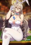 1girl akane_(blue_archive) akane_(bunny)_(blue_archive) animal_ears bare_shoulders between_breasts black-framed_eyewear blue_archive blurry blurry_background breasts brown_eyes brown_hair card card_between_breasts cleavage commentary_request covered_navel crossed_legs fake_animal_ears glasses hair_between_eyes halo large_breasts leotard long_hair looking_at_viewer official_alternate_costume pantyhose playboy_bunny rabbit_ears sitting solo vococo white_leotard white_pantyhose wite_gloves 