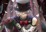  1boy bow bowtie card closed_mouth confetti detached_sleeves eh_neg00 facial_mark genshin_impact gloves grey_hair hair_over_one_eye hat highres korean_commentary looking_at_viewer lyney_(genshin_impact) male_focus playing_card purple_eyes red_bow red_bowtie solo spotlight teardrop_facial_mark top_hat twitter_username upper_body 