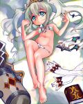  1girl bare_arms bare_legs bare_shoulders barefoot bed_sheet bikini bikini_warriors blue_eyes book breasts cleric_(bikini_warriors) closed_mouth clothes commission detached_collar front-tie_bikini_top front-tie_top green_pupils grey_hair hair_between_eyes hair_ribbon highres long_hair looking_at_viewer lying navel o-ring o-ring_bikini on_back ribbon small_breasts smile solo split_mouth swimsuit tsukiyono_aroe twintails white_bikini white_ribbon 