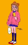 1girl bag blue_skirt blue_socks bow brown_eyes brown_hair cardigan commentary copyright_name english_commentary food fujiwara_hazuki full_body glasses hair_bow hand_up highres holding holding_bag holding_food holding_popsicle kneehighs long_hair long_sleeves looking_at_viewer ojamajo_doremi orange_bow pink_cardigan plastic_bag pleated_skirt popsicle round_eyewear school_uniform serafuku shirt shoes simple_background skirt smile socks solo standing tbmt_anna white_footwear white_shirt yellow_background 