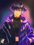  1girl absurdres black_hair colored_tips crop_top dark_background david_liu hands_in_pockets highres hood hood_down hooded_jacket jacket looking_at_viewer multicolored_hair purple_hair reina_(tekken) short_hair smile solo tekken tekken_8 