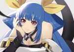  1girl ark1478 bare_shoulders black_sleeves blue_hair bow breasts cleavage commentary_request detached_sleeves dizzy_(guilty_gear) guilty_gear guilty_gear_xrd hair_bow hair_ribbon hair_rings highres large_breasts long_hair looking_at_viewer red_eyes ribbon wide_sleeves yellow_ribbon 