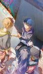  2boys 2girls absurdres aoyagi_touya azusawa_kohane baseball_cap black_hair black_pants blonde_hair blue_hair clenched_hand closed_mouth clothes_around_waist commentary dark_blue_hair fist_bump gradient_hair grey_eyes hair_between_eyes hair_ornament hand_in_pocket hat highres jacket jacket_around_waist jewelry long_hair long_sleeves mole mole_under_eye multicolored_hair multiple_boys multiple_girls necklace omicos open_clothes open_jacket orange_hair outdoors pants project_sekai purple_hood shinonome_akito shiraishi_an short_hair short_twintails sleeves_past_elbows split-color_hair star_(symbol) star_hair_ornament twintails two-tone_hair vivid_bad_squad_(project_sekai) 