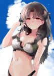  1girl azumi_(myameco) black_hair blue_sky breasts cleavage cloud day fate/grand_order fate_(series) ishtar_(fate) long_hair looking_at_viewer medium_breasts midriff navel red_eyes sky solo 
