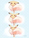  :3 artist_name blue_background hand_focus highres holding holding_pokemon looking_at_viewer mugita_konomi pikachu pokemon pokemon_(creature) polka_dot polka_dot_background smile solo_focus white_background 