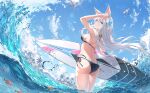  1girl animal animal_ear_fluff animal_ears arched_back arm_up armpits ass back bare_arms bare_shoulders bikini bird black_bikini blue_eyes closed_mouth floating_hair fox_ears frilled_bikini frills from_behind fuuro_(johnsonwade) hair_ornament halterneck highres holding holding_surfboard long_hair looking_at_viewer looking_back median_furrow multi-strapped_bikini original outdoors seagull side-tie_bikini_bottom smile solo standing string_bikini surfboard swimsuit thighs very_long_hair wading water wet white_hair 