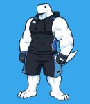  absurd_res anthro barefoot big_arms big_tail black_clothing bottomwear clothing dinosaur dynogreeno feet gloves handwear hi_res largo_(dynogreeno) male muscular muscular_anthro muscular_arms muscular_male reptile scalie shorts simple_background simple_eyes sleeveless_hoodie solo tail 