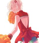  1girl accelerator_(toaru_majutsu_no_index) albino androgynous back_cutout bow cheerleader clothing_cutout colored_eyelashes dress_bow dutch_angle from_behind green_shorts hair_ornament hairclip holding holding_pom_poms light_smile looking_at_viewer official_alternate_costume one_eye_closed pale_skin pixie_cut pom_pom_(cheerleading) portugal r_l_bear red_eyes red_shirt shirt short_hair shorts sidelocks sleeveless soccer solo suzushina_yuriko toaru_majutsu_no_index upper_body white_background white_hair world_cup wristband 