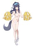  1girl absurdres animal_ears arona&#039;s_sensei_doodle_(blue_archive) bare_shoulders black_hair blue_archive blue_eyes blush breasts censored dog_ears dog_girl dog_tail full_body goggles goggles_on_head halo hibiki_(blue_archive) hibiki_(cheerleader)_(blue_archive) highres holding holding_pom_poms long_hair looking_at_viewer navel nude official_alternate_costume pom_pom_(cheerleading) sensei_(blue_archive) small_breasts solo standing tail whitek 