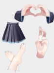  1girl barefoot black_skirt black_sleeves blue_nails commentary cropped_arms cropped_legs crossed_legs disembodied_limb feet foot_focus grey_background hand_focus hatsune_miku heart heart_hands highres koko_niiru miniskirt pleated_skirt skirt v vocaloid 