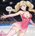  1girl bare_shoulders blonde_hair blue_eyes blurry blurry_background breasts crowd english_text grin highres ice_skates ice_skating large_breasts leotard lepypepy looking_at_viewer outstretched_arm persona persona_5 pink_leotard pink_thighhighs skates skating skating_rink smile solo speech_bubble stadium takamaki_anne thighhighs twintails 