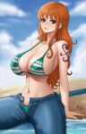  1girl arm_tattoo bikini clima-tact denim earrings green_bikini highres jeans jewelry kyopink nami_(one_piece) one_piece orange_eyes orange_hair pants pearl_earrings shoulder_tattoo straw_hat_pirates swimsuit tattoo 