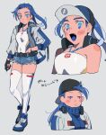  1girl =_= autobot baseball_cap belt black_belt black_gloves blue_footwear blue_headwear blue_jacket blue_shorts blue_tongue breasts colored_tongue covered_navel fang fingerless_gloves genderswap genderswap_(mtf) gloves grey_background halterneck hand_on_own_hip hat headphones headphones_around_neck humanization jacket leotard long_hair medium_breasts mirage_(apex_legends) moime multiple_views nike nike_dunk open_mouth portrait puckered_lips shoes short_shorts shorts simple_background sneakers thighhighs transformers transformers:_rise_of_the_beasts transformers_(live_action) white_leotard white_thighhighs 