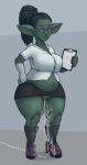  absurd_res bodily_fluids bottomwear clothing cum cum_inflation cum_inside cum_on_leg eyewear female footwear genital_fluids glasses gloves gmad goblin green_body green_skin handwear hi_res high_heels humanoid inflation leaking_cum purple_eyes shirt skirt socks solo topwear 