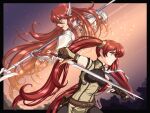  1990s_(style) 2girls armor black_border black_gloves border breasts commentary_request cordelia_(fire_emblem) detached_sleeves fingerless_gloves fire_emblem fire_emblem_awakening gloves head_wings highres holding holding_polearm holding_sword holding_weapon long_hair mother_and_daughter multiple_girls night night_sky open_mouth polearm red_eyes red_hair retro_artstyle severa_(fire_emblem) sirknightbot sky star_(sky) sword teeth twintails upper_teeth_only weapon wings 
