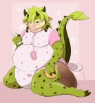  absurd_res anthro blush bottle bovid bovine burger clothing container diaper extremius_amphibious feces food hi_res hybrid infantilism kaiju kneeling male mammal messy_diaper moobs onesie onesie_open overweight pacifier soiling solo 