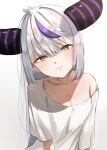  1girl ahoge bare_shoulders blush braid braided_bangs breasts cleavage collarbone demon_girl demon_horns grey_hair hair_between_eyes head_tilt hololive horns la+_darknesss long_hair looking_at_viewer loose_clothes multicolored_hair off_shoulder parted_lips pointy_ears purple_hair shirt short_sleeves signature simple_background single_bare_shoulder small_breasts smile solo streaked_hair striped_horns sweat t-shirt toey upper_body very_long_hair virtual_youtuber white_background white_shirt yellow_eyes 