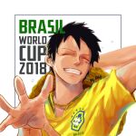  1boy 2018 2018_fifa_world_cup alternate_costume artist_name black_hair brazil closed_eyes english_text hat hat_removed headwear_removed jewelry k164 male_focus monkey_d._luffy necklace one_piece scar scar_on_cheek scar_on_face shirt short_hair short_sleeves smile soccer soccer_uniform solo sportswear straw_hat teeth world_cup 