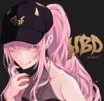  1girl :q bare_shoulders baseball_cap gold_necklace happy_birthday hat highres hololive hololive_english jewelry long_hair looking_at_viewer mask mask_pull mori_calliope mouth_mask necklace pink_eyes pink_hair pochi_(pochi-goya) ponytail red_nails solo tongue tongue_out virtual_youtuber 