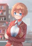  1girl blue_eyes blush bokutachi_wa_benkyou_ga_dekinai bookshelf breast_lift breasts brown_hair crossed_arms dreamkite glasses hair_ornament indoors jacket large_breasts looking_at_viewer ogata_rizu pout red_jacket red_ribbon ribbon school_uniform short_hair solo 