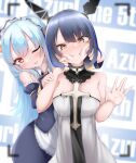  azur_lane bare_shoulders blue_hair breasts clam_shell cross cross_necklace detached_collar detached_sleeves dress fingersmile forced_smile gascogne_(azur_lane) headgear highres jewelry juliet_sleeves long_hair long_sleeves looking_at_viewer maid_headdress masa_(masae50) mechanical_ears medium_breasts multicolored_hair necklace neptune_(azur_lane) one_eye_closed puffy_sleeves shell_hair_ornament short_hair strapless strapless_dress streaked_hair white_dress yellow_eyes 