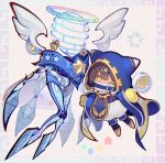  1boy blue_cape blue_footwear boots brown_hair bubble cape gears gloves highres kirby_(series) looking_at_viewer lor_starcutter magolor mi_(mm) one_eye_closed personification simple_background solo star_(symbol) white_background white_tunic white_wings wings yellow_eyes yellow_gloves 