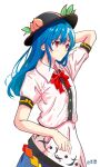  1girl arm_behind_head black_headwear blue_hair bow bowtie center_frills closed_mouth collared_shirt commentary_request frills highres hinanawi_tenshi kagurachiriri leaf_hat_ornament long_hair peach_hat_ornament rainbow_order red_bow red_bowtie red_eyes shirt short_sleeves sidelocks signature solo touhou variant_set white_shirt 