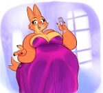  anthro belly beverage big_belly big_breasts breasts canid canine cleavage clothed clothing diane_foxington dreamworks dress eyebrow_piercing eyelashes facial_piercing female fox hi_res holding_beverage holding_object looking_at_viewer mammal open_mouth overweight overweight_anthro overweight_female paulmcbuzz piercing purple_clothing purple_dress sharp_teeth signature solo teeth the_bad_guys window 