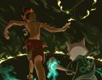  1boy absurdres alolan_marowak commentary_request dark-skinned_male dark_skin ffccll fire from_behind green_fire highres jewelry kiawe_(pokemon) male_focus necklace outstretched_arm pokemon pokemon_(creature) pokemon_(game) pokemon_sm sandals short_hair shorts shoulder_blades standing stick topless_male 