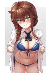  ahoge arthur_ko bikini bikini_under_clothes blue_bikini blue_eyes blush braid breasts brown_hair cleavage closed_mouth collared_shirt commentary_request front-tie_bikini_top front-tie_top hair_between_eyes hair_flaps hair_ornament hair_over_shoulder hairpin highres kantai_collection large_breasts long_hair long_sleeves looking_at_viewer navel open_clothes open_shirt seductive_smile shigure_(kancolle) shigure_kai_ni_(kancolle) shirt side-tie_bikini_bottom simple_background single_braid smile swimsuit translation_request white_shirt 