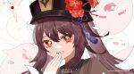  1girl battery_indicator black_headwear boo_tao_(genshin_impact) bright_pupils brown_coat brown_hair coat deity_(pixiv_19195324) falling_petals flower flower-shaped_pupils genshin_impact ghost grin hand_on_own_face hat hat_flower hat_tassel hu_tao_(genshin_impact) long_hair looking_at_viewer orange_eyes petals portrait recording simple_background smile solo symbol-shaped_pupils twintails viewfinder white_pupils 