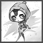  1girl android animification apex_legends ash_(titanfall_2) border chibi commentary full_body grey_border greyscale highres hood hood_up hooded_leotard leotard looking_to_the_side meitian_zao_ba_bu_feng_cai_qiguai monochrome open_hand simulacrum_(titanfall) solo symbol-only_commentary 