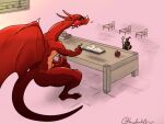  blush digital_media_(artwork) dragon erection genitals hazelrah0 hi_res horn human male mammal mr._mordaut penis red_body red_penis runescape scalie simple_background tail wings 