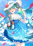  1girl absurdres aqua_hair bag bare_shoulders blue_dress blue_eyes blue_sky blurry blurry_foreground cloud cloudy_sky collarbone commentary cowboy_shot dress falling_petals floating_hair hair_between_eyes hat hatsune_miku highres holding holding_phone hya_ro light_blush long_hair looking_at_viewer one_eye_closed open_mouth outdoors petals phone shoulder_bag skirt_hold sky smile solo teeth twintails upper_teeth_only very_long_hair vocaloid white_headwear 