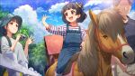  1boy 2girls black_hair blue_sky brown_eyes faceless faceless_male fence horse horseback_riding idolmaster idolmaster_million_live! idolmaster_million_live!_theater_days mother_and_daughter multiple_girls nakatani_iku official_art overalls pony_(animal) ribbon riding short_hair sky tree yellow_ribbon 