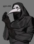  2023 absurd_res animal_mask beak_mask clothed clothing euclid gloves handwear hi_res hood humanoid kogito looking_at_viewer looking_down_at_viewer male mask not_furry plague_doctor scp-049 scp_foundation solo text white_eyes 