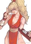  1girl bangs blonde_hair breasts brown_eyes cleavage commentary_request cowboy_shot final_fight fingerless_gloves genryuusai_maki gloves japanese_clothes long_hair looking_at_viewer medium_breasts ninja pelvic_curtain ponytail solo street_fighter street_fighter_zero_(series) thighs tonfa tsuna_(akmu8832) weapon 