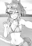  1girl absurdres ahoge animal_ears bare_shoulders beach bikini breasts cleavage closed_eyes collarbone eyewear_on_head facing_viewer greyscale grin groin highres horizon horse_ears horse_girl horse_tail jewelry jungle_pocket_(tobasuze_hot_summer!)_(umamusume) jungle_pocket_(umamusume) layered_bikini medium_hair midriff monochrome navel necklace notched_ear ocean official_alternate_costume official_alternate_hairstyle ponytail ryochapu sidelocks smile solo summer&#039;s_sunlight_fades_to_blue_(umamusume) sunglasses swimsuit tail umamusume upper_body wavy_hair 