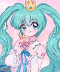  1990s_(style) 1girl absurdres artist_name bead_necklace beads blue_eyes blue_hair blush chelly_(chellyko) collared_shirt commentary crown cupcake detached_sleeves english_commentary food hair_beads hair_ornament hatsune_miku heart heart_in_eye highres holding holding_food jewelry long_hair long_sleeves looking_at_viewer mini_crown nail_polish neck_ribbon necklace pink_background retro_artstyle ribbon shirt sleeveless sleeveless_shirt smile solo sparkle symbol_in_eye tongue tongue_out twintails upper_body vocaloid 