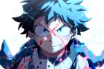  1boy alternate_eye_color alternate_hair_color blood blood_on_face blue_bodysuit blue_eyes blue_hair blurry blurry_background bodysuit boku_no_hero_academia bruise bruise_on_face closed_mouth commentary_request depth_of_field determined diffraction_spikes electricity freckles full_cowling_(boku_no_hero_academia) furrowed_brow glowing glowing_veins injury light looking_at_viewer male_focus maneki-neko_(fujifuji) midoriya_izuku nosebleed partial_commentary portrait short_hair sidelighting simple_background soft_focus solo split_mouth straight-on v-shaped_eyebrows white_background x 