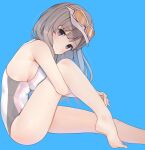  1girl aa211108 bare_legs barefoot blue_background breast_press breasts commentary_request eyewear_on_head grey_hair highres hugging_own_legs idolmaster idolmaster_shiny_colors legs light_blush light_smile long_hair looking_at_viewer one-piece_swimsuit purple_eyes sideboob sitting solo swimsuit thighs visor_cap white_one-piece_swimsuit yukoku_kiriko 