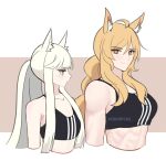  2girls ahoge animal_ear_fluff animal_ears arknights bare_shoulders blonde_hair blush breasts brown_eyes collarbone commentary crop_top grey_eyes highres horse_ears long_hair looking_at_another looking_at_viewer medium_breasts midriff multiple_girls navel nearl_(arknights) platinum_(arknights) sidelocks smile sports_bra stomach supershrimpcakes very_long_hair white_hair 